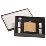 6 oz. Leather Stainless Flask, 4 Glasses, 1 Funnel, Gift Box